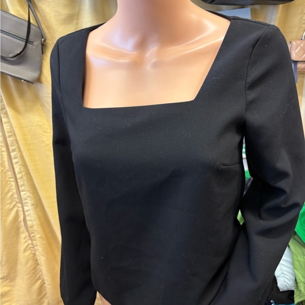 HM Black Square‎ Neck Long Sleeve Blouse Top XS Solid Minimalist Professional